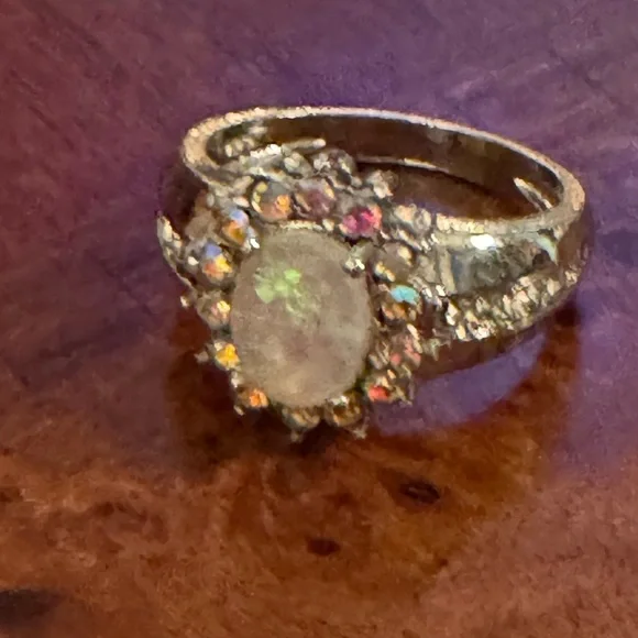 Opal Sunflower, Lab created, Flower Shape, Side Cubic Zirconia Fairy Ring, Sz 7 - Picture 9 of 13